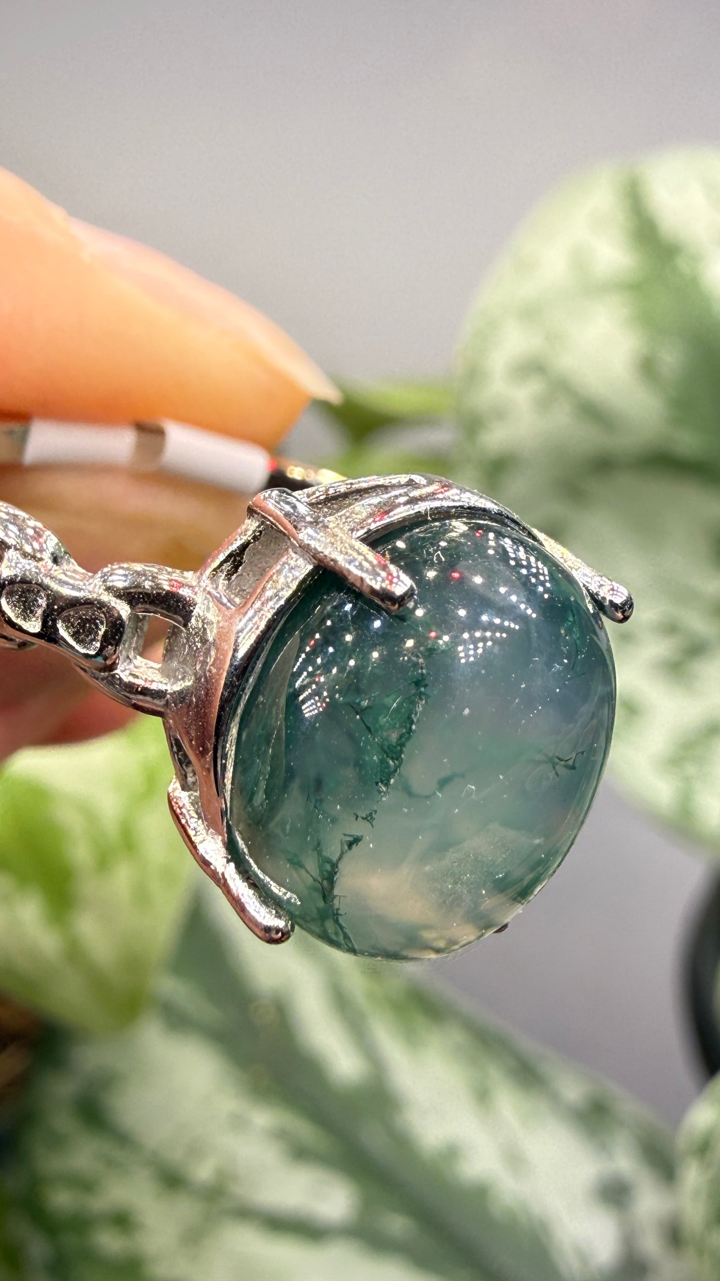 Natural Moss Agate Cabochon Ring Size 8 in 316L Stainless Steel- 10x12mm Oval Gemstone