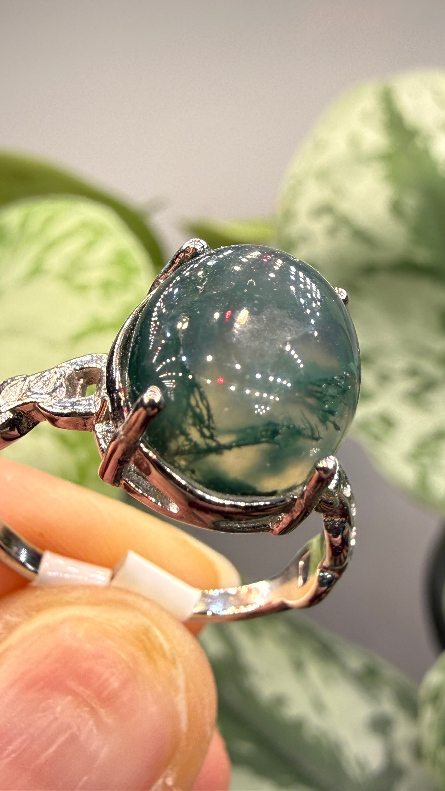 Natural Moss Agate Cabochon Ring Size 8 in 316L Stainless Steel- 10x12mm Oval Gemstone
