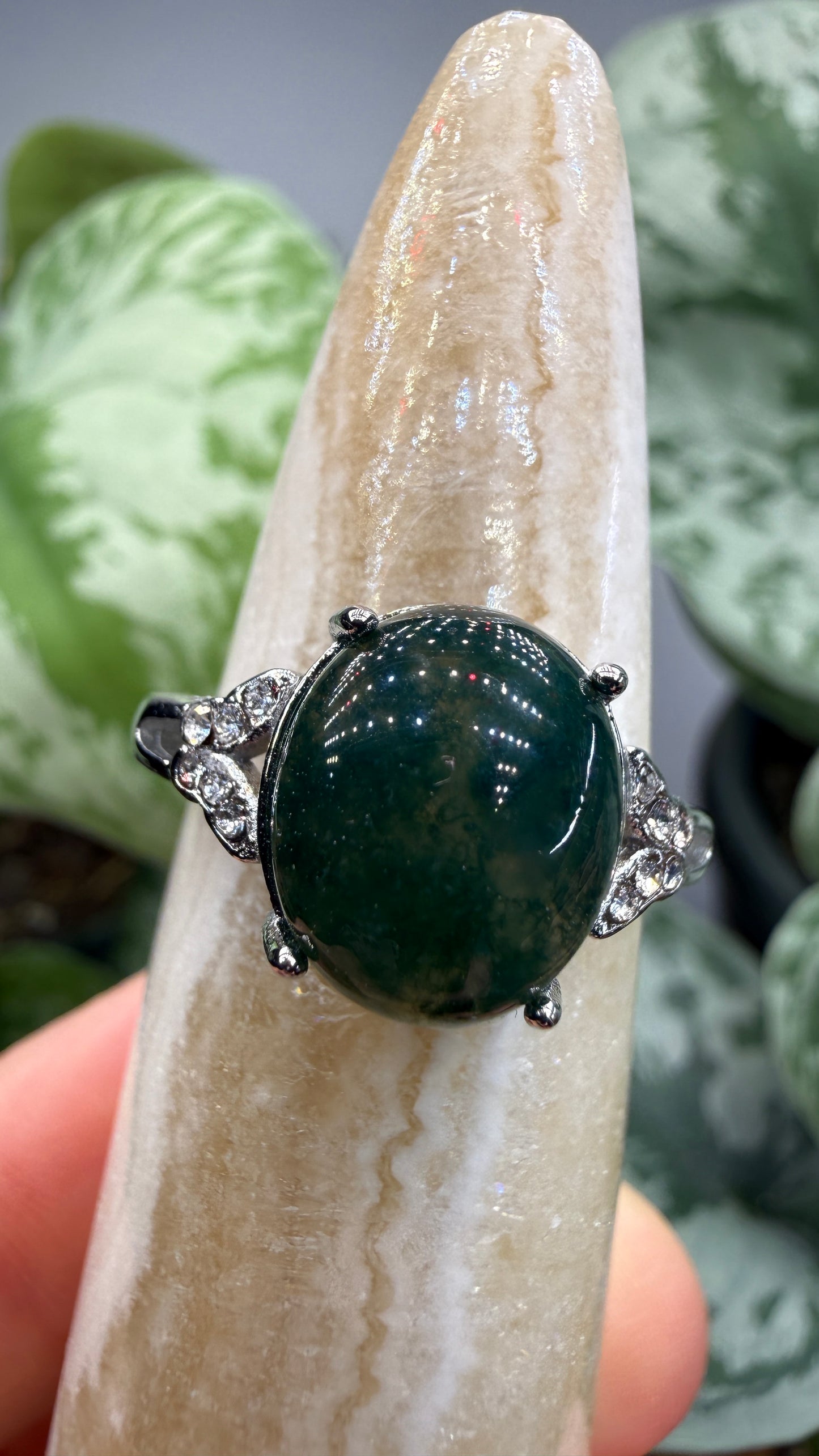 Natural Moss Agate Cabochon Ring Size 8 in 316L Stainless Steel- 10x12mm Oval Gemstone