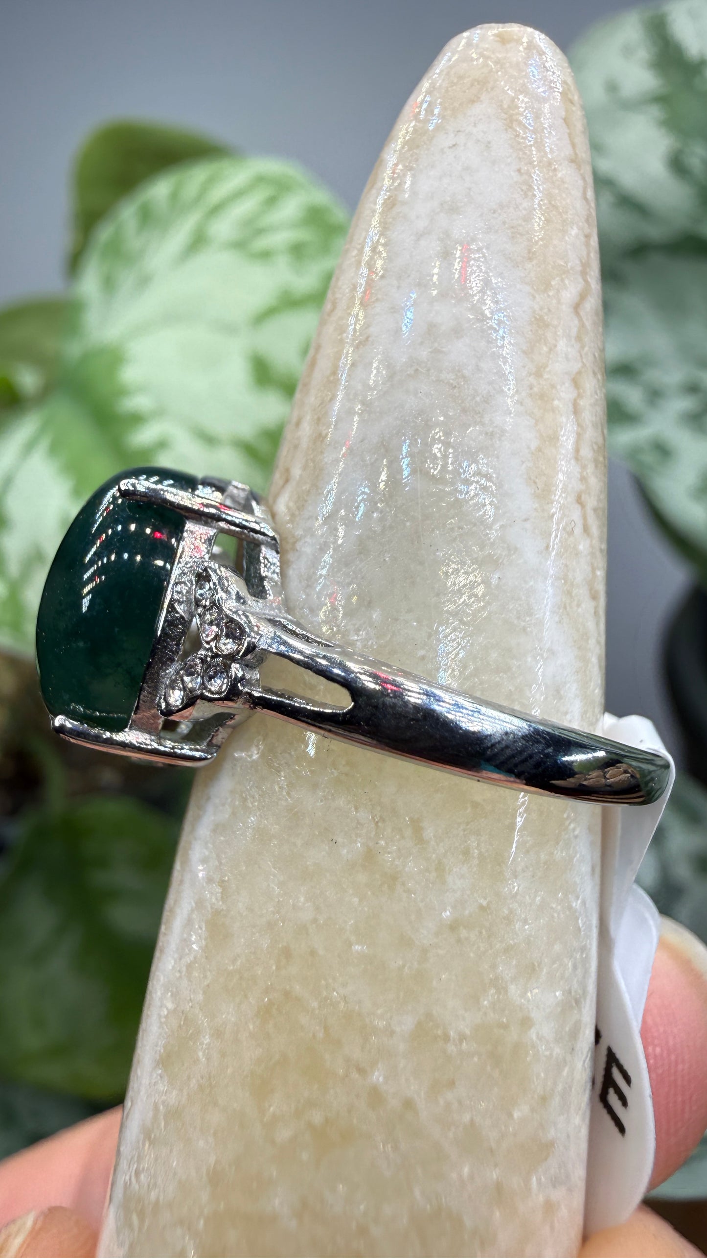 Natural Moss Agate Cabochon Ring Size 8 in 316L Stainless Steel- 10x12mm Oval Gemstone