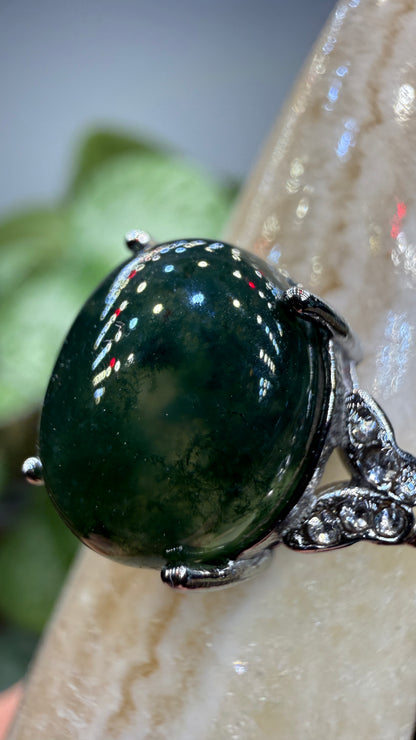 Natural Moss Agate Cabochon Ring Size 8 in 316L Stainless Steel- 10x12mm Oval Gemstone