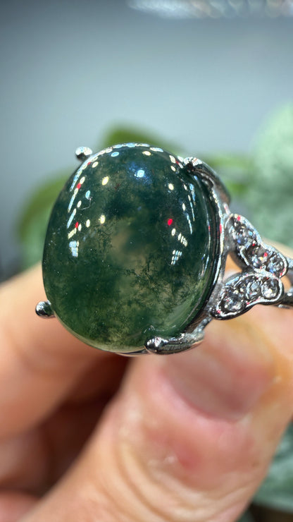 Natural Moss Agate Cabochon Ring Size 8 in 316L Stainless Steel- 10x12mm Oval Gemstone