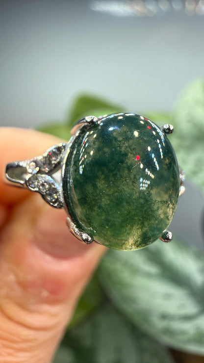 Natural Moss Agate Cabochon Ring Size 8 in 316L Stainless Steel- 10x12mm Oval Gemstone