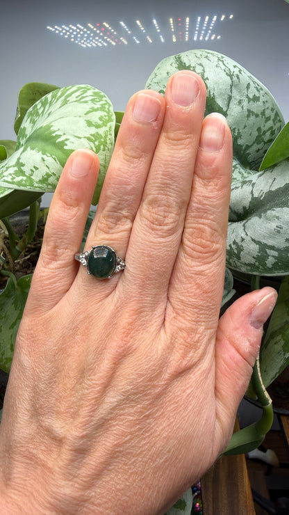 Natural Moss Agate Cabochon Ring Size 8 in 316L Stainless Steel- 10x12mm Oval Gemstone