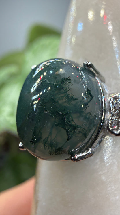 Natural Moss Agate Cabochon Ring Size 8 in 316L Stainless Steel- 10x12mm Oval Gemstone