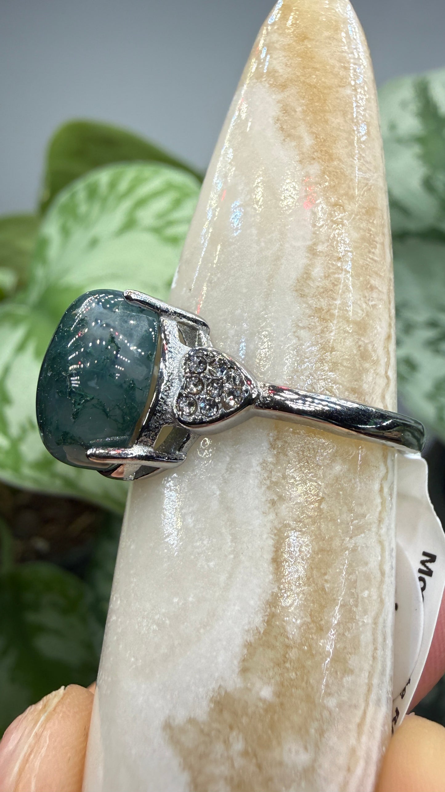 Natural Moss Agate Cabochon Ring Size 8 in 316L Stainless Steel- 10x12mm Oval Gemstone