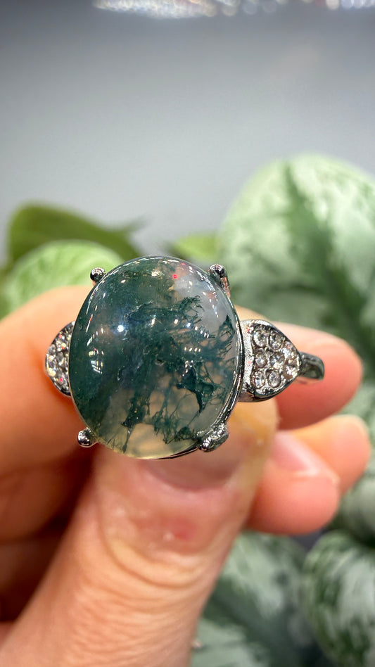 Natural Moss Agate Cabochon Ring Size 8 in 316L Stainless Steel- 10x12mm Oval Gemstone