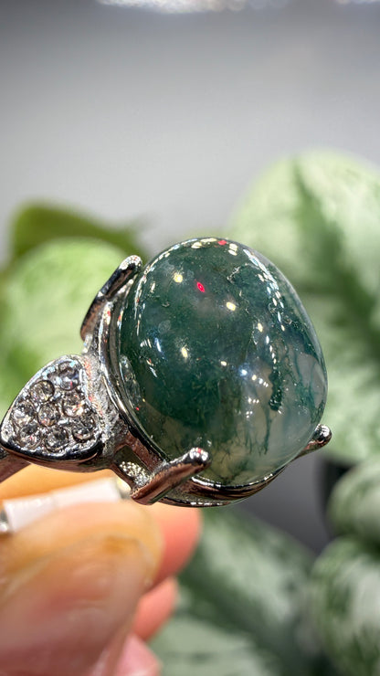 Natural Moss Agate Cabochon Ring Size 8 in 316L Stainless Steel- 10x12mm Oval Gemstone