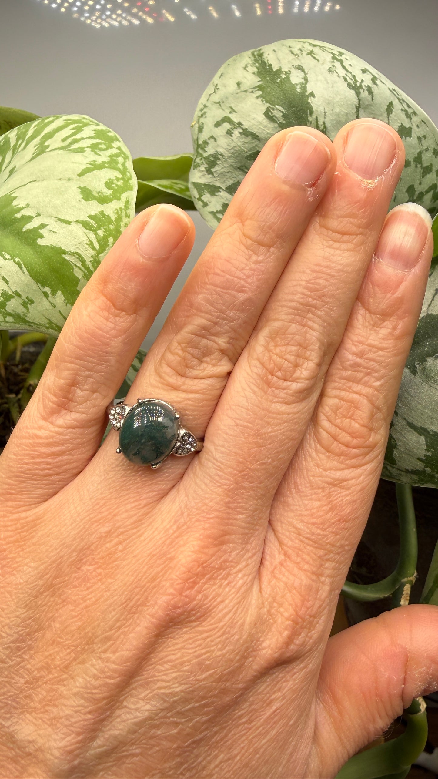 Natural Moss Agate Cabochon Ring Size 8 in 316L Stainless Steel- 10x12mm Oval Gemstone