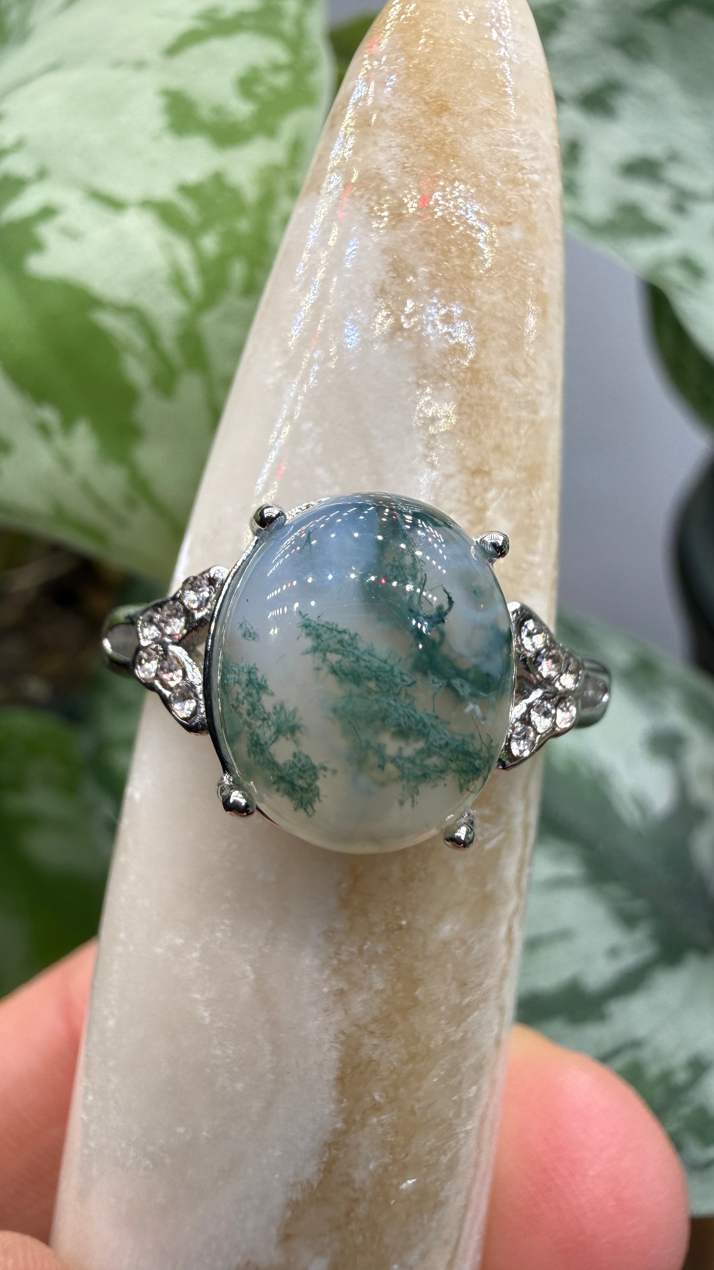 Natural Moss Agate Cabochon Ring Size 8 in 316L Stainless Steel- 10x12mm Oval Gemstone