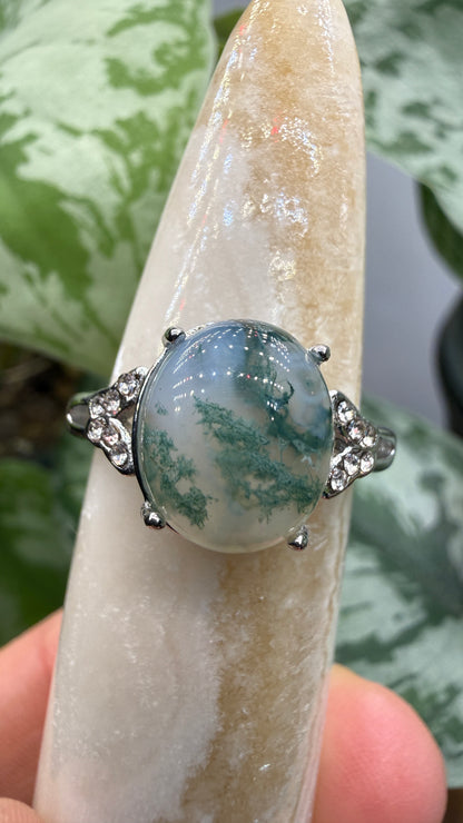 Natural Moss Agate Cabochon Ring Size 8 in 316L Stainless Steel- 10x12mm Oval Gemstone