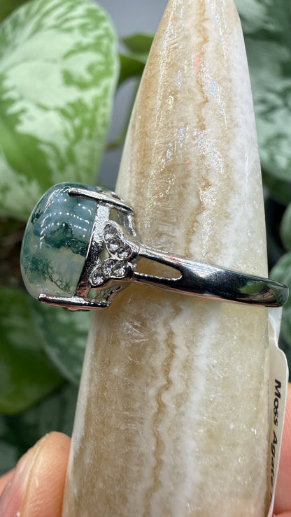 Natural Moss Agate Cabochon Ring Size 8 in 316L Stainless Steel- 10x12mm Oval Gemstone