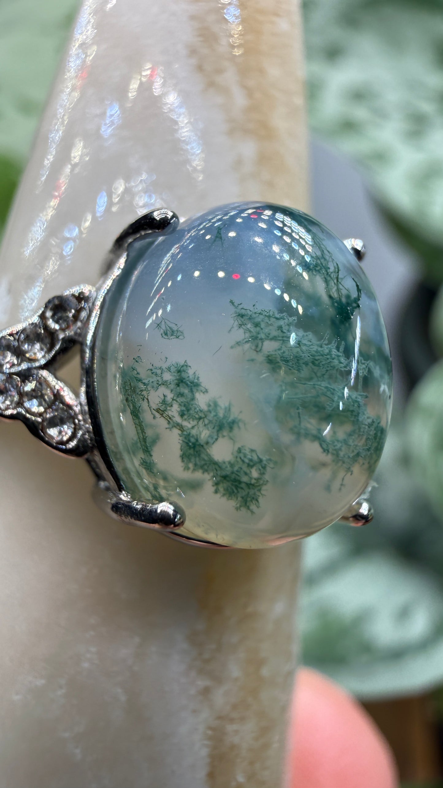 Natural Moss Agate Cabochon Ring Size 8 in 316L Stainless Steel- 10x12mm Oval Gemstone
