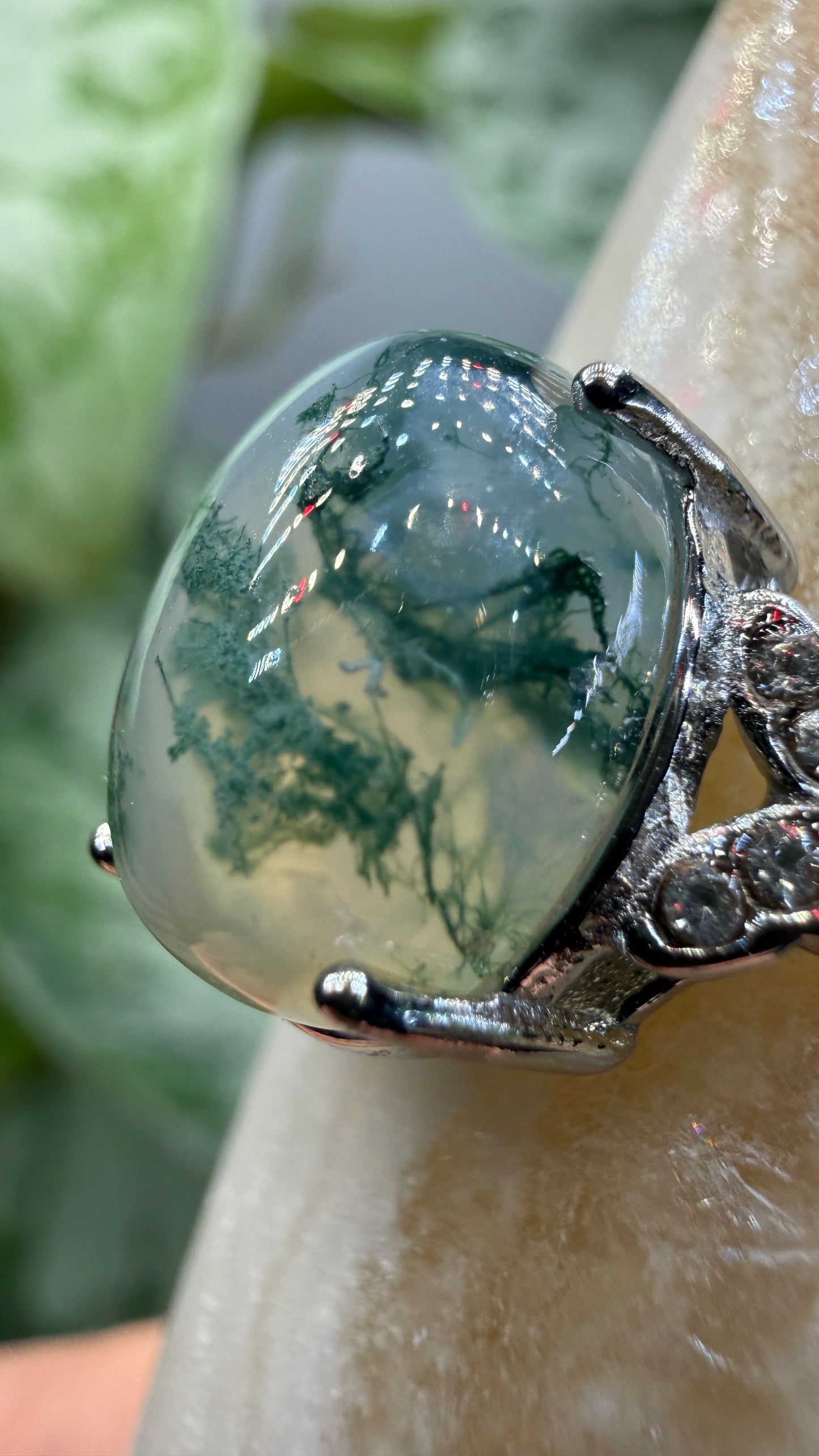 Natural Moss Agate Cabochon Ring Size 8 in 316L Stainless Steel- 10x12mm Oval Gemstone