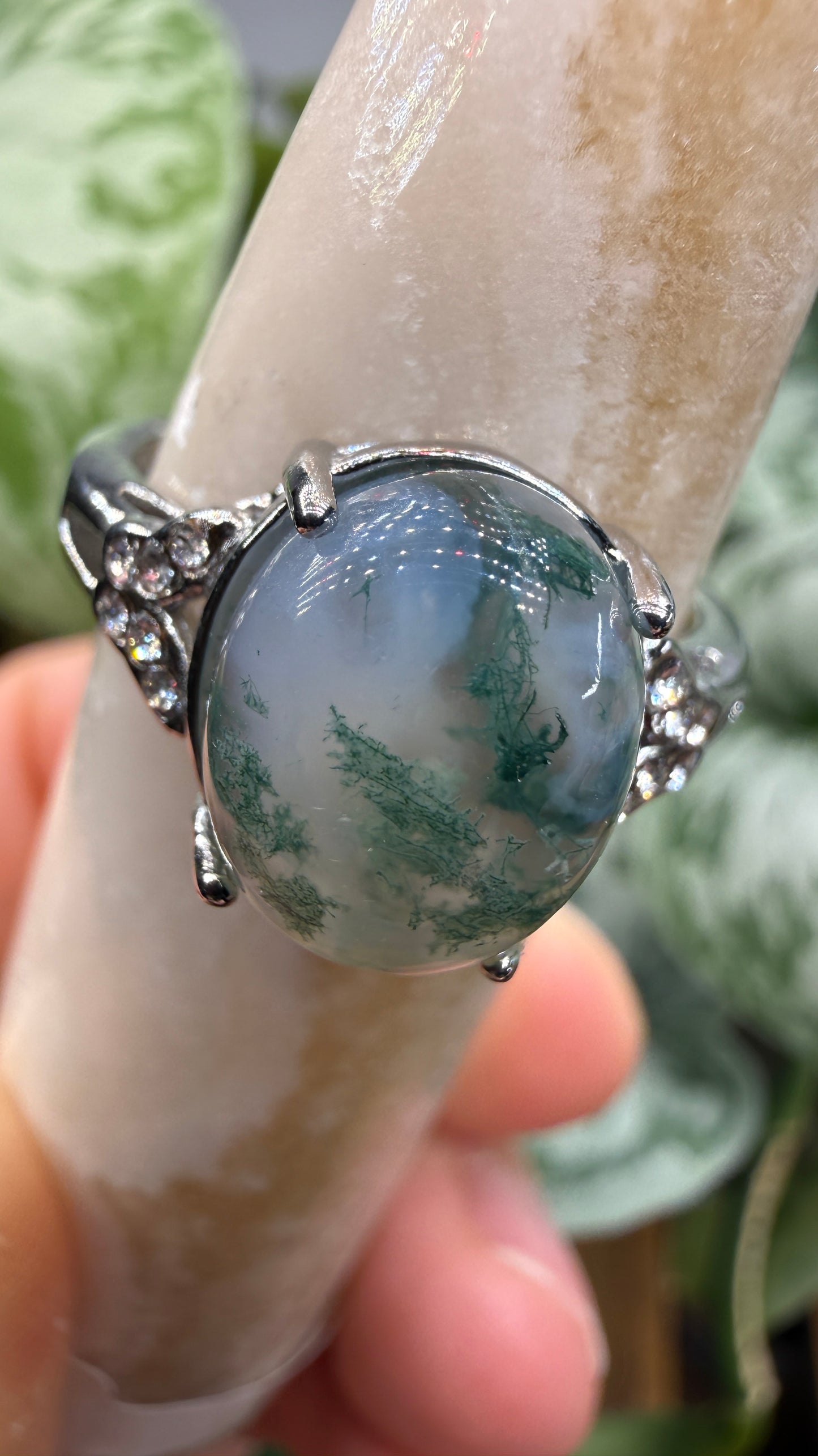 Natural Moss Agate Cabochon Ring Size 8 in 316L Stainless Steel- 10x12mm Oval Gemstone