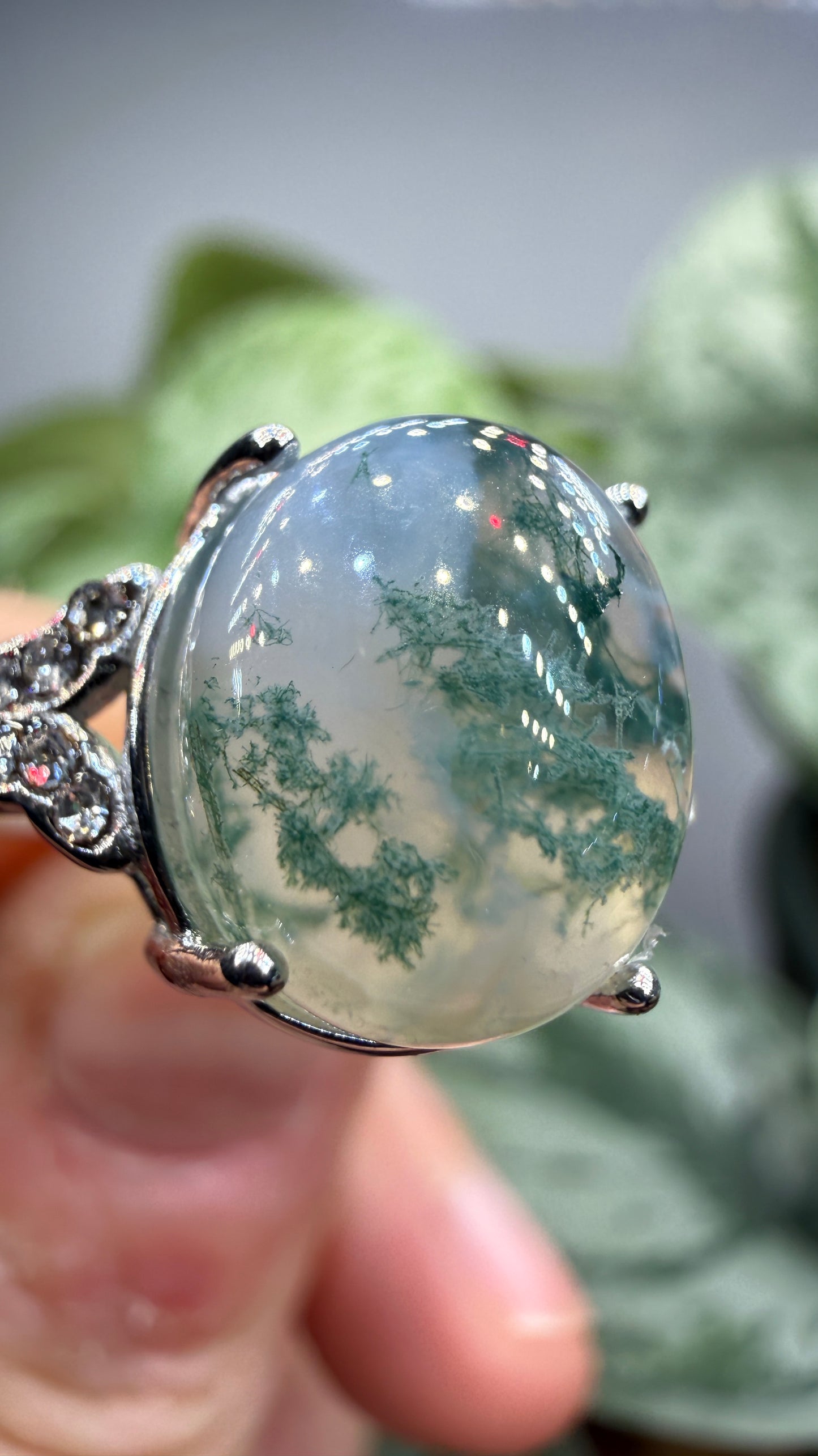 Natural Moss Agate Cabochon Ring Size 8 in 316L Stainless Steel- 10x12mm Oval Gemstone