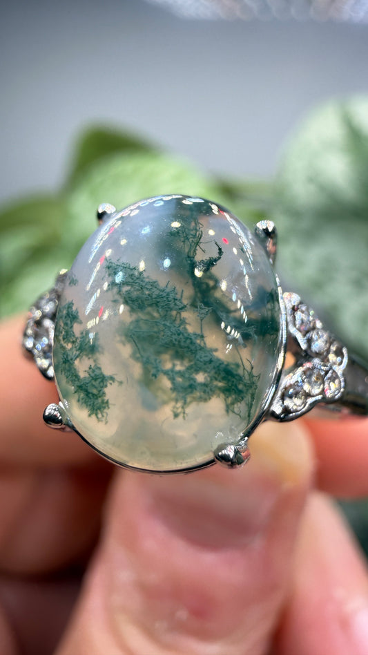 Natural Moss Agate Cabochon Ring Size 8 in 316L Stainless Steel- 10x12mm Oval Gemstone