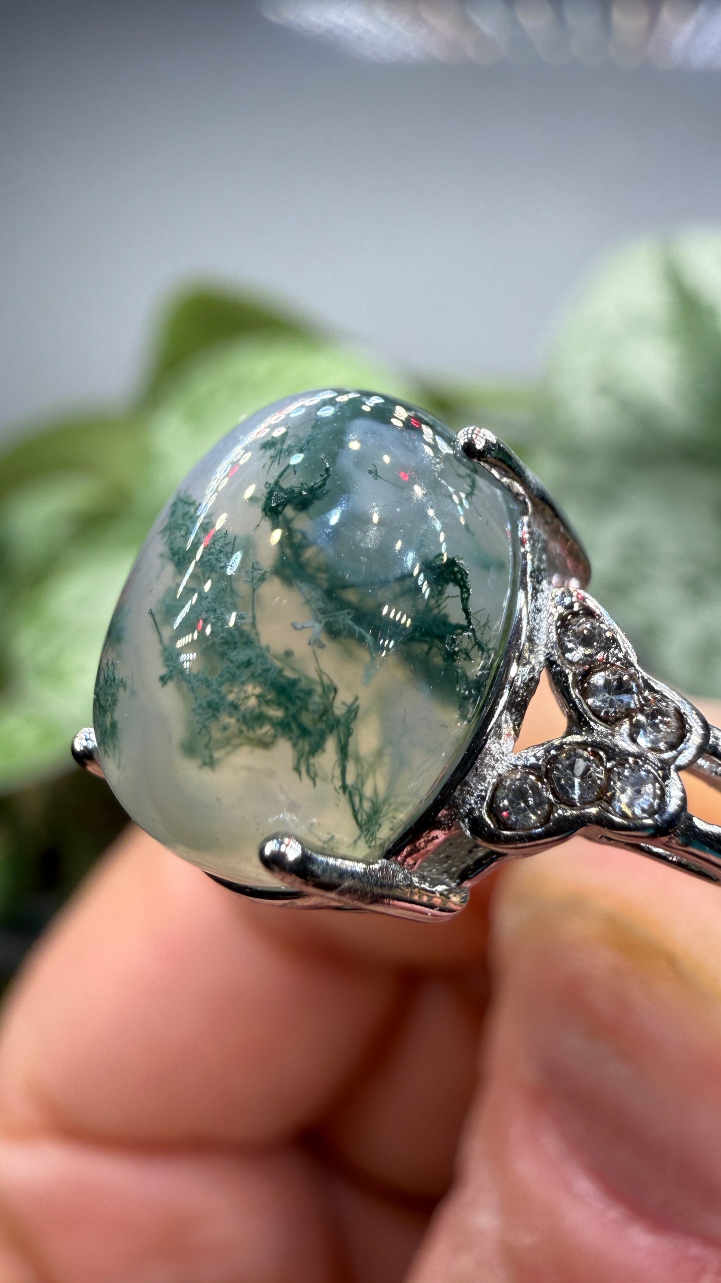 Natural Moss Agate Cabochon Ring Size 8 in 316L Stainless Steel- 10x12mm Oval Gemstone