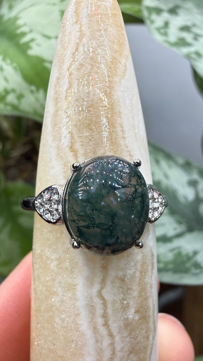Natural Moss Agate Cabochon Ring Size 9 in 316L Stainless Steel- 10x12mm Oval Gemstone