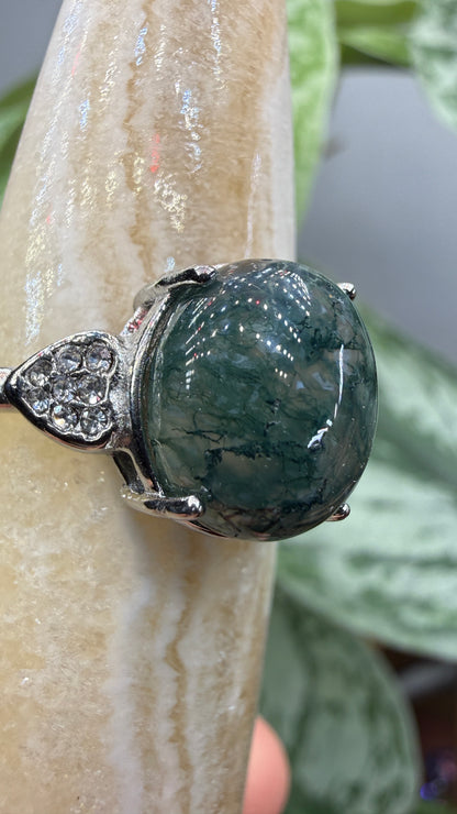 Natural Moss Agate Cabochon Ring Size 9 in 316L Stainless Steel- 10x12mm Oval Gemstone