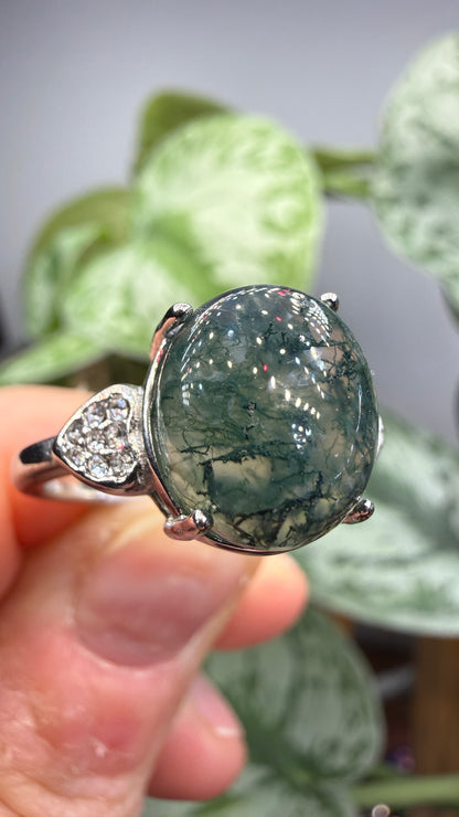 Natural Moss Agate Cabochon Ring Size 9 in 316L Stainless Steel- 10x12mm Oval Gemstone