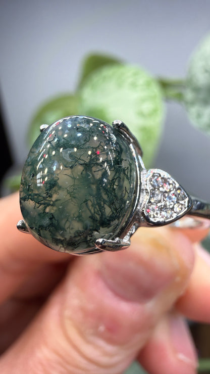 Natural Moss Agate Cabochon Ring Size 9 in 316L Stainless Steel- 10x12mm Oval Gemstone