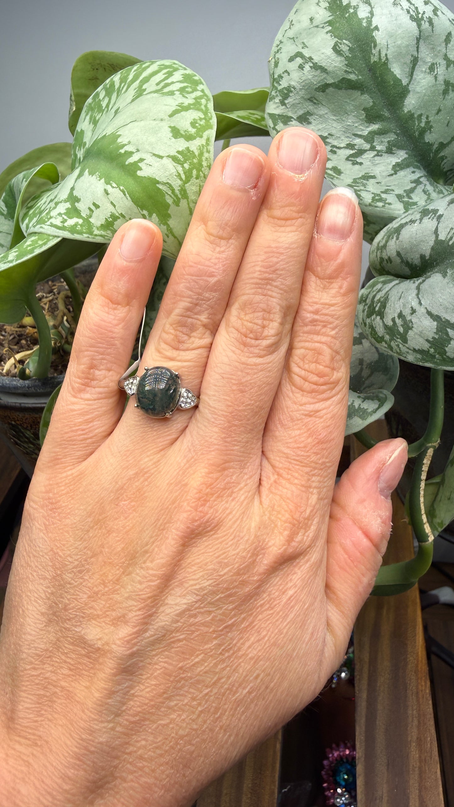Natural Moss Agate Cabochon Ring Size 9 in 316L Stainless Steel- 10x12mm Oval Gemstone