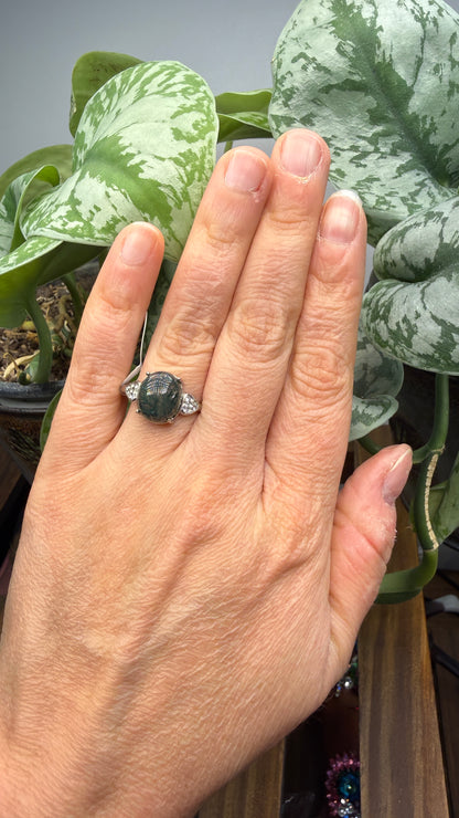Natural Moss Agate Cabochon Ring Size 9 in 316L Stainless Steel- 10x12mm Oval Gemstone