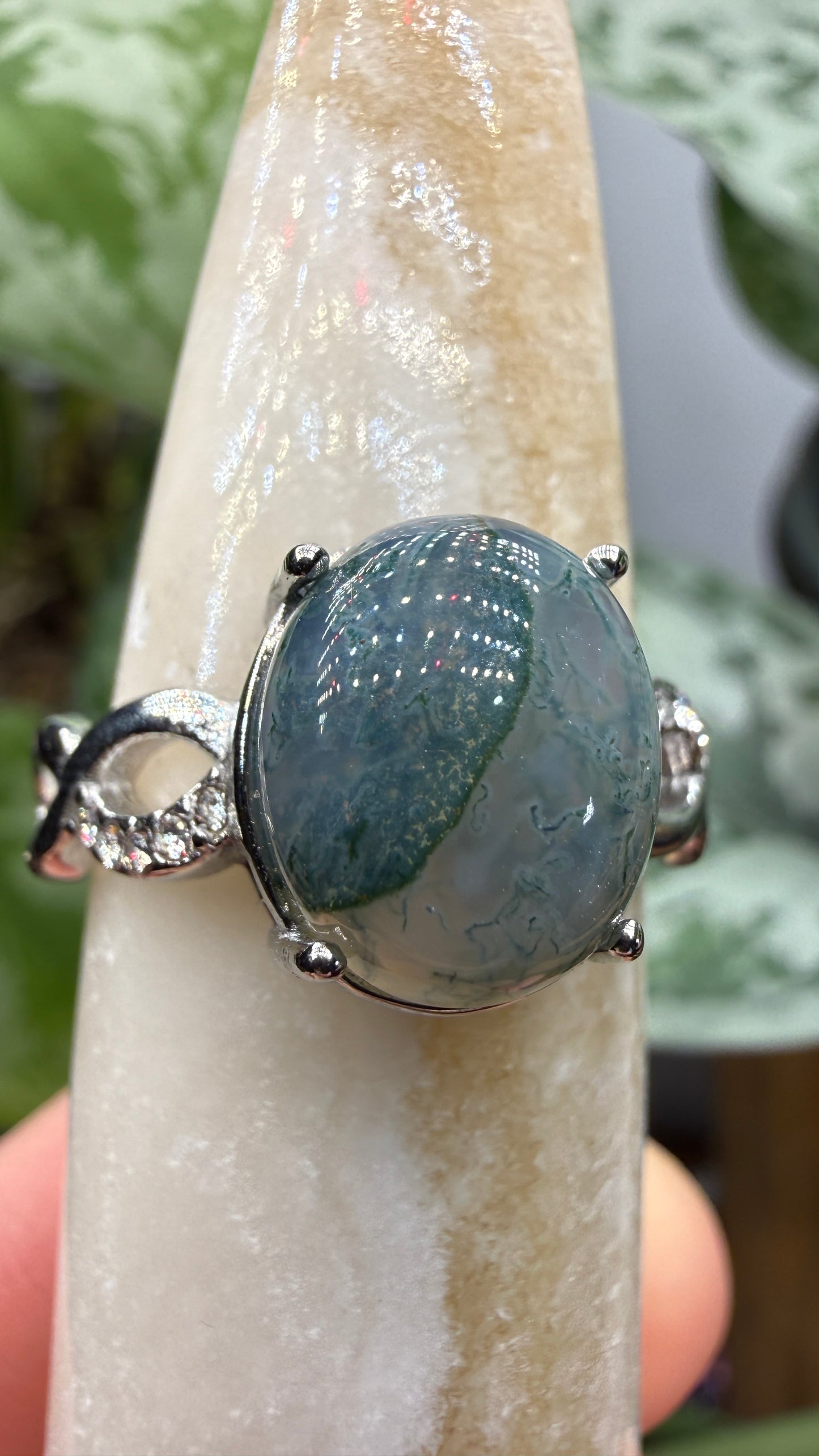 Natural Moss Agate Cabochon Ring Size 9 in 316L Stainless Steel- 10x12mm Oval Gemstone