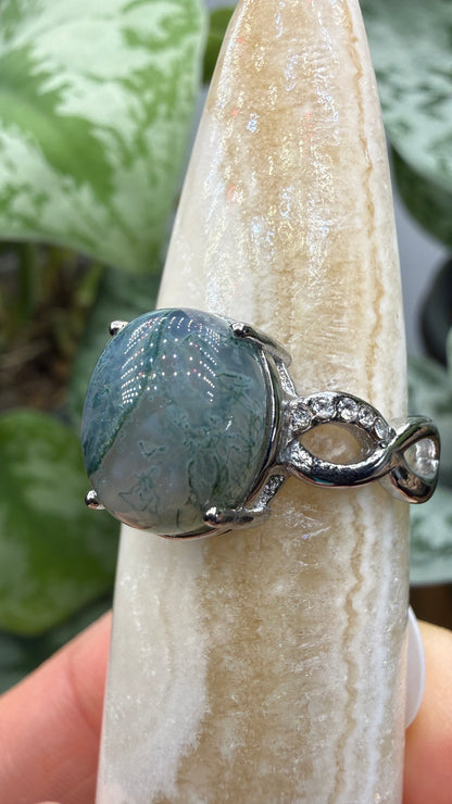 Natural Moss Agate Cabochon Ring Size 9 in 316L Stainless Steel- 10x12mm Oval Gemstone