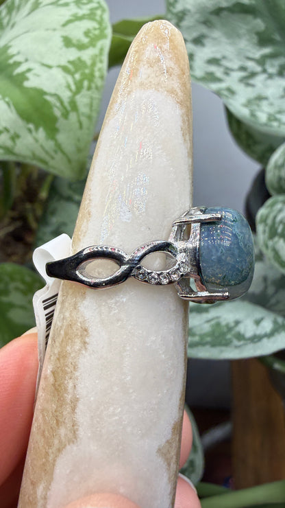 Natural Moss Agate Cabochon Ring Size 9 in 316L Stainless Steel- 10x12mm Oval Gemstone