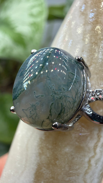 Natural Moss Agate Cabochon Ring Size 9 in 316L Stainless Steel- 10x12mm Oval Gemstone