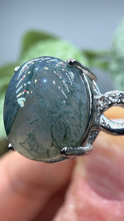 Natural Moss Agate Cabochon Ring Size 9 in 316L Stainless Steel- 10x12mm Oval Gemstone
