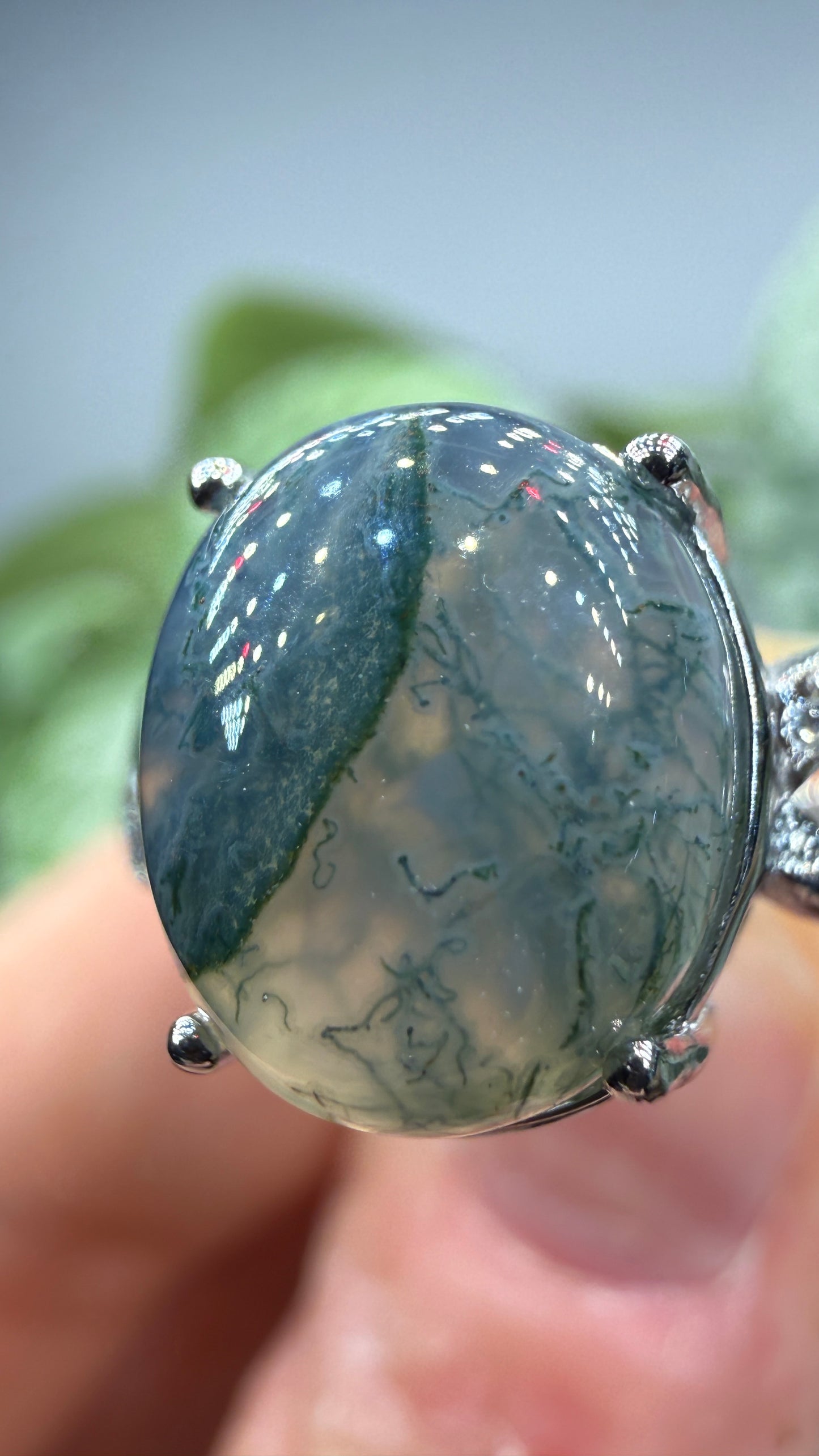 Natural Moss Agate Cabochon Ring Size 9 in 316L Stainless Steel- 10x12mm Oval Gemstone