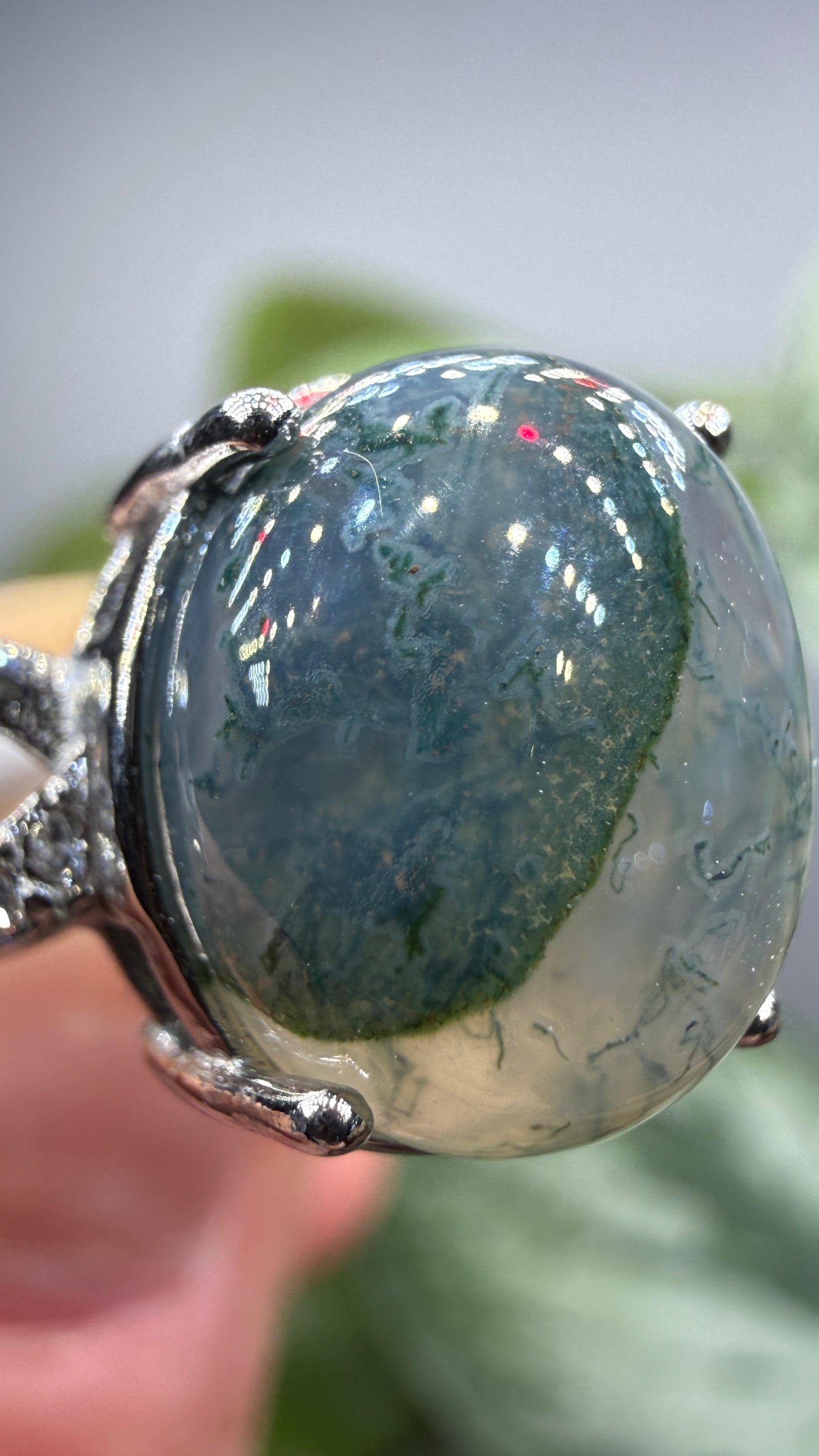 Natural Moss Agate Cabochon Ring Size 9 in 316L Stainless Steel- 10x12mm Oval Gemstone