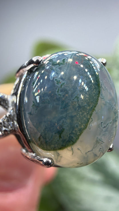 Natural Moss Agate Cabochon Ring Size 9 in 316L Stainless Steel- 10x12mm Oval Gemstone