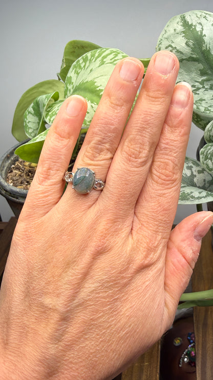 Natural Moss Agate Cabochon Ring Size 9 in 316L Stainless Steel- 10x12mm Oval Gemstone