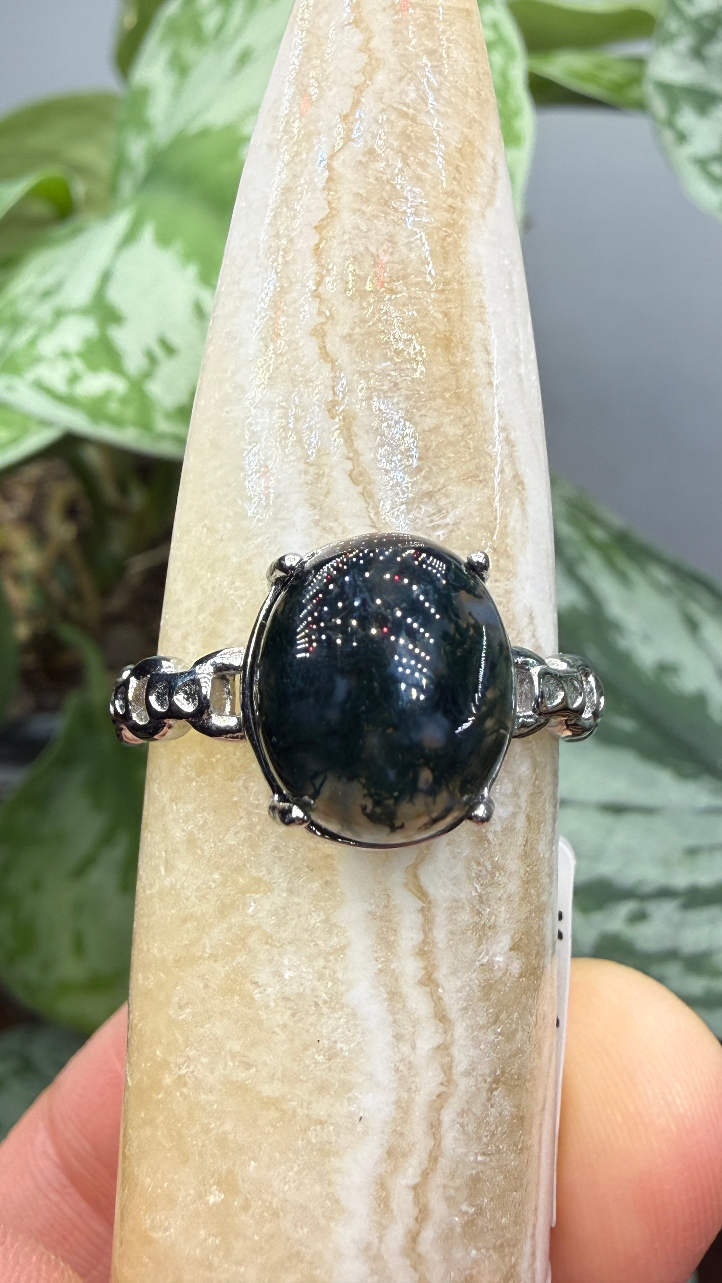 Natural Moss Agate Cabochon Ring Size 10 in 316L Stainless Steel- 10x12mm Oval Gemstone