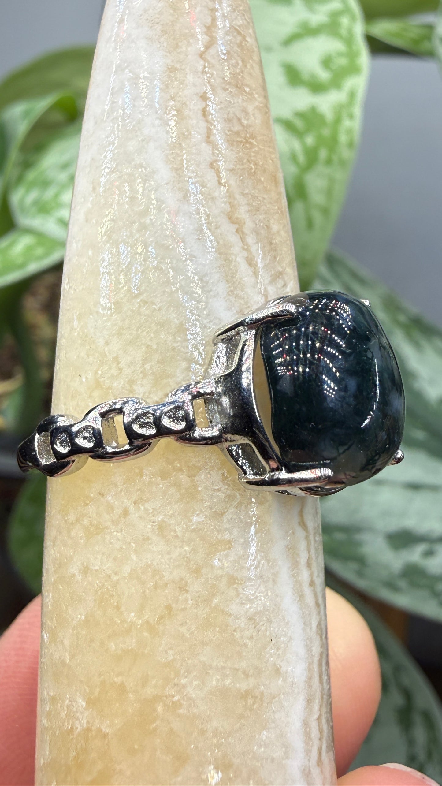 Natural Moss Agate Cabochon Ring Size 10 in 316L Stainless Steel- 10x12mm Oval Gemstone