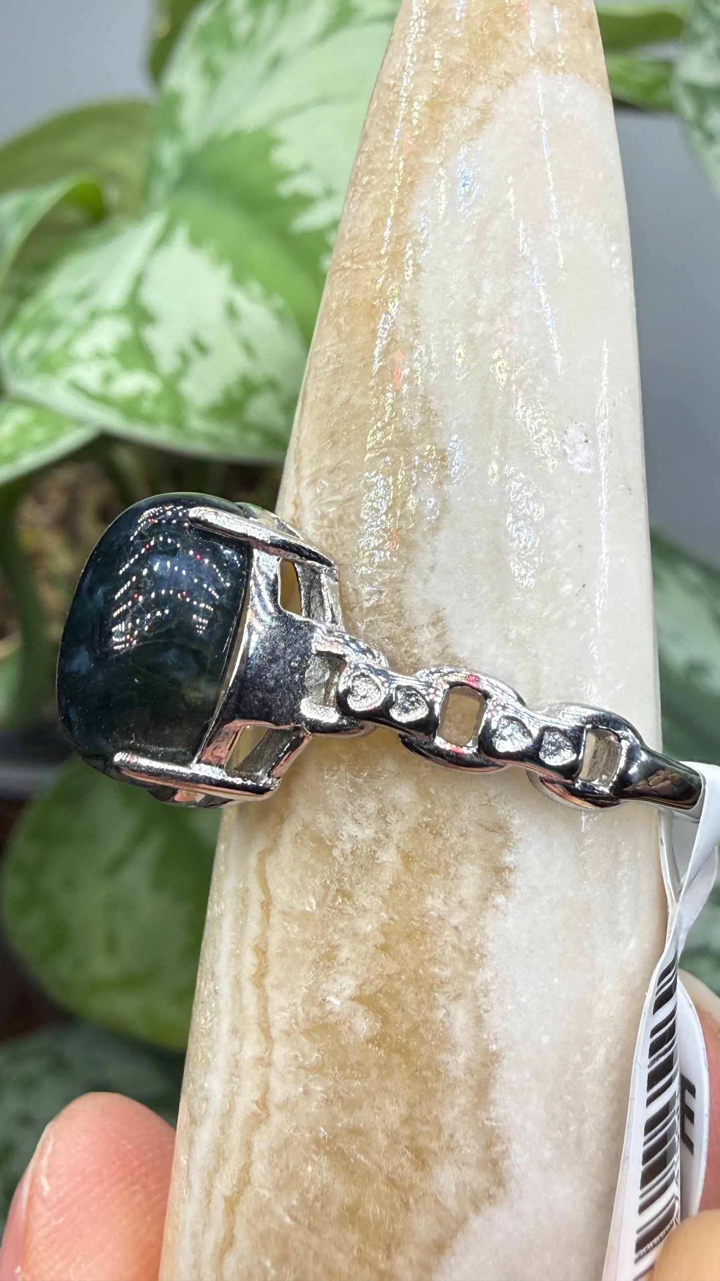Natural Moss Agate Cabochon Ring Size 10 in 316L Stainless Steel- 10x12mm Oval Gemstone