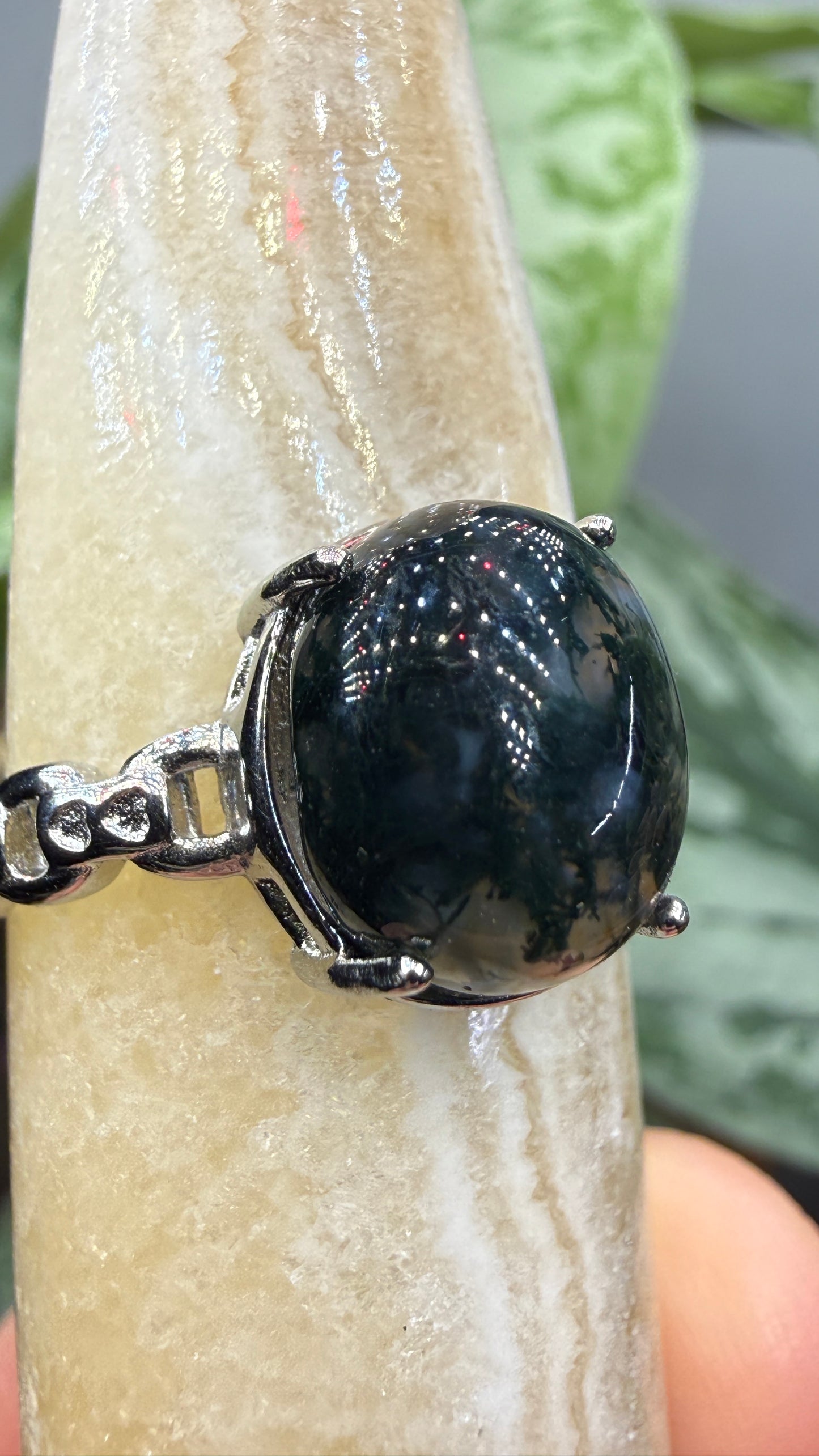 Natural Moss Agate Cabochon Ring Size 10 in 316L Stainless Steel- 10x12mm Oval Gemstone