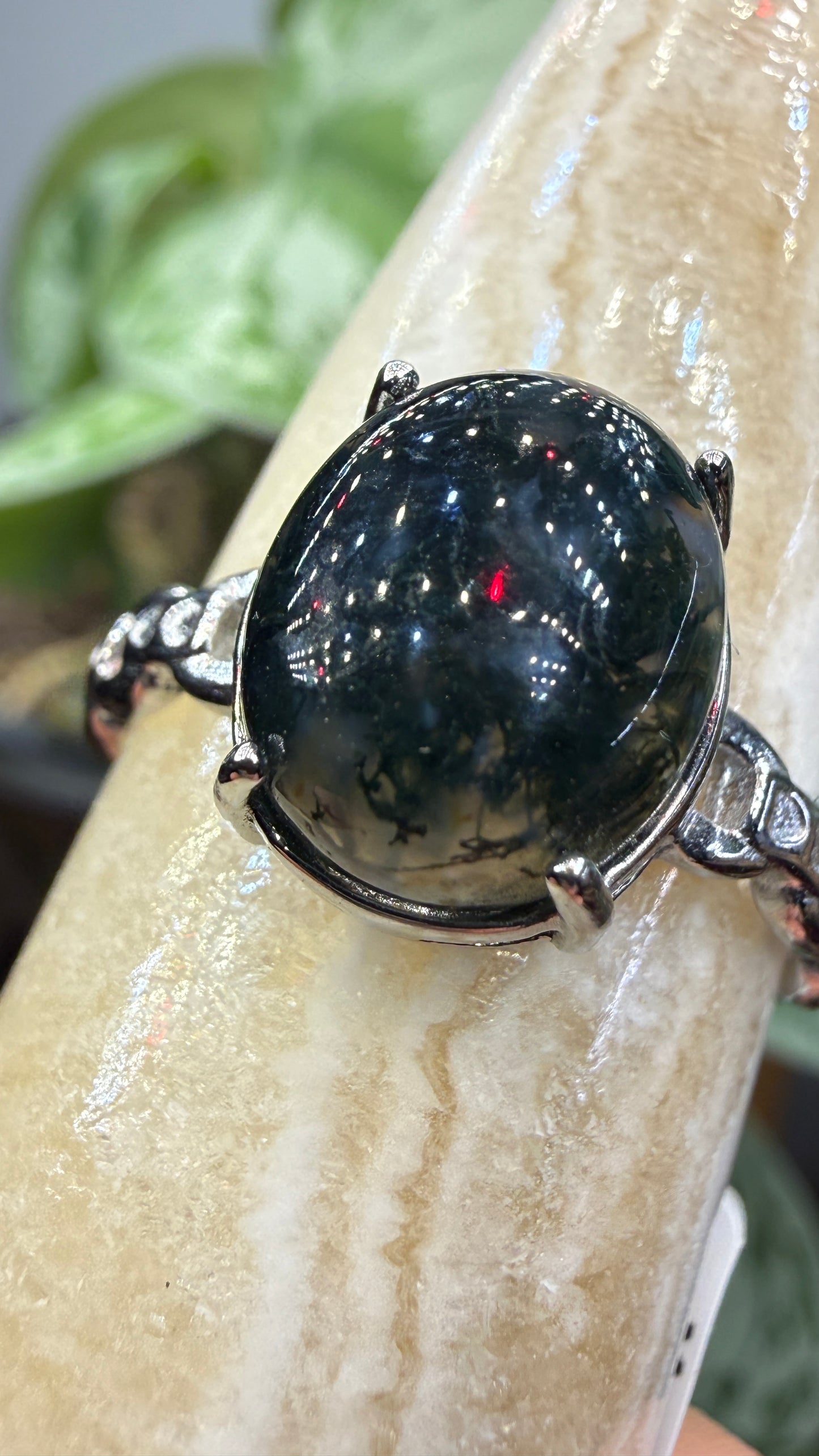 Natural Moss Agate Cabochon Ring Size 10 in 316L Stainless Steel- 10x12mm Oval Gemstone