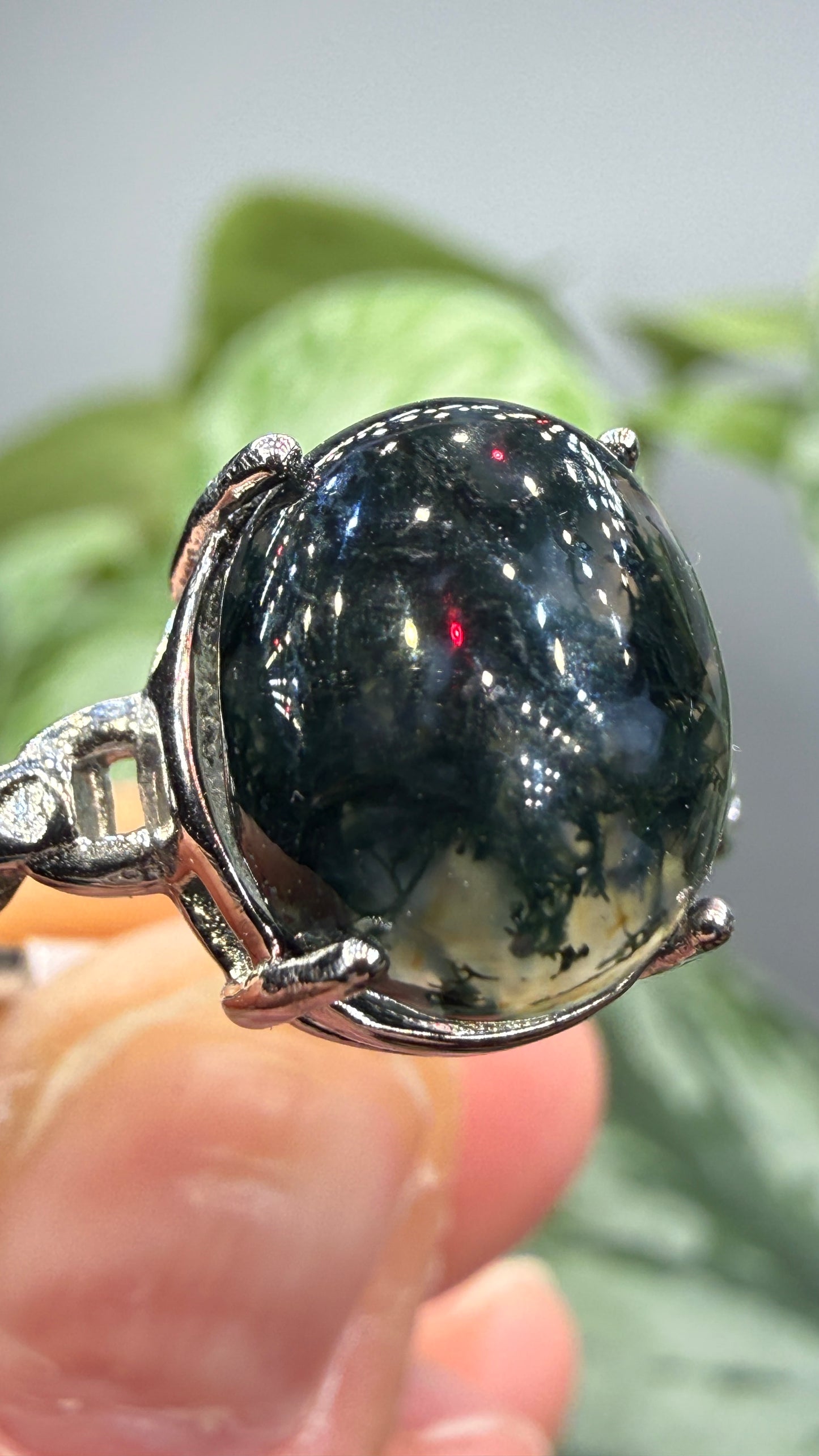 Natural Moss Agate Cabochon Ring Size 10 in 316L Stainless Steel- 10x12mm Oval Gemstone