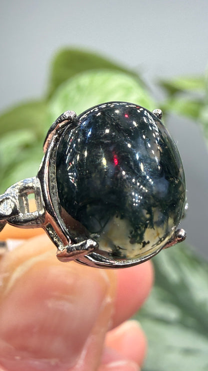 Natural Moss Agate Cabochon Ring Size 10 in 316L Stainless Steel- 10x12mm Oval Gemstone