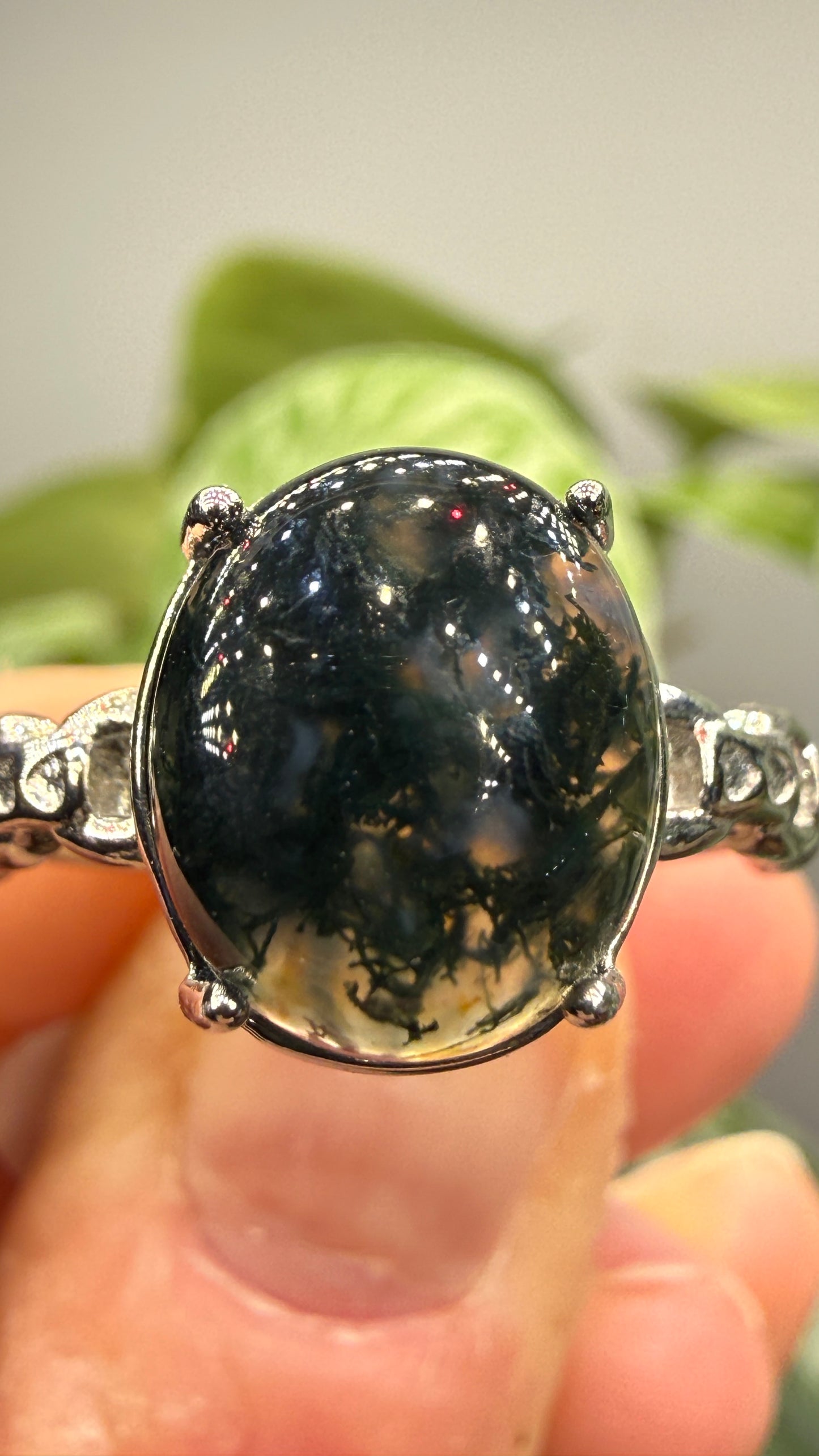 Natural Moss Agate Cabochon Ring Size 10 in 316L Stainless Steel- 10x12mm Oval Gemstone