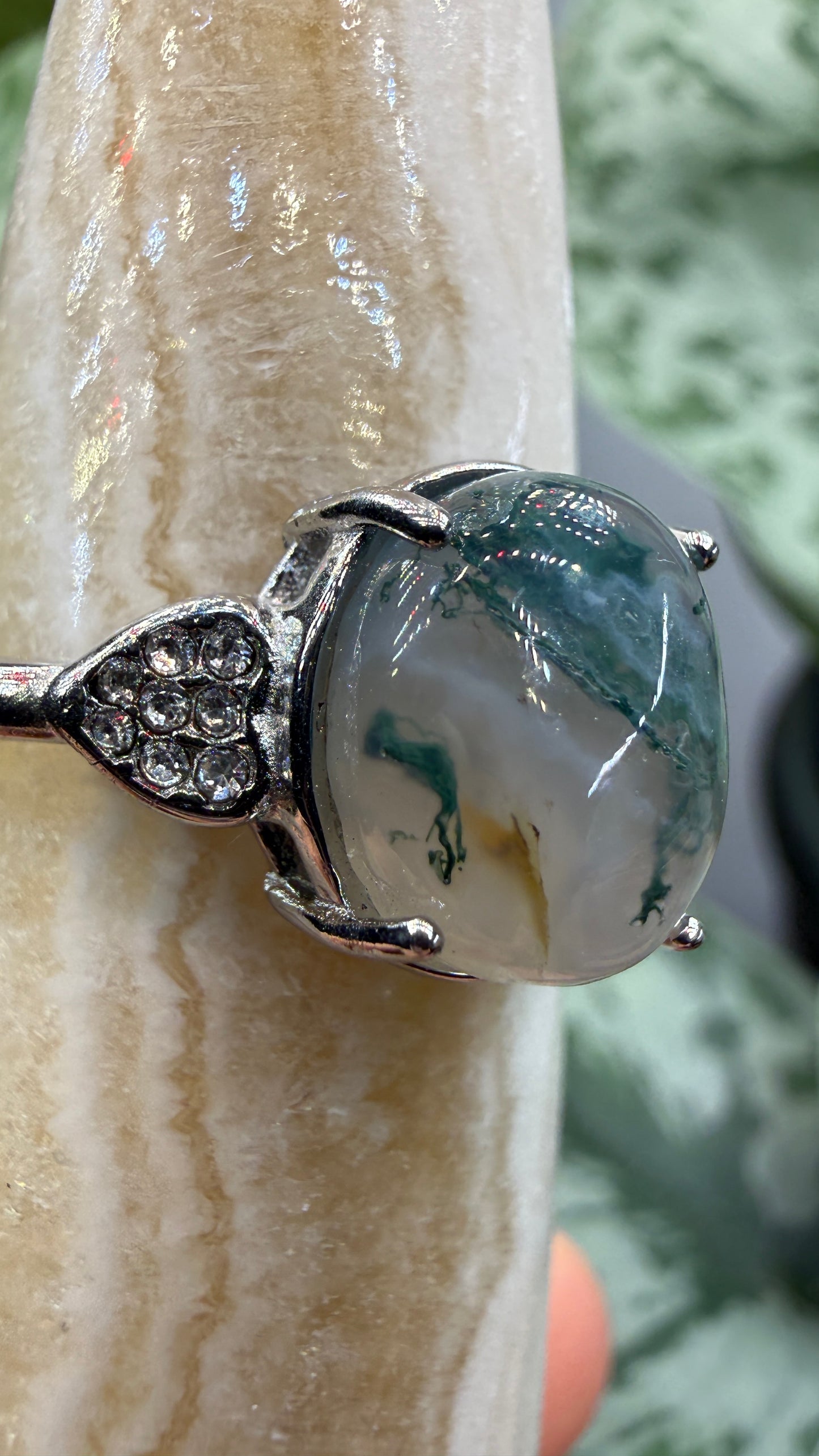 Natural Moss Agate Cabochon Ring Size 10 in 316L Stainless Steel- 10x12mm Oval Gemstone