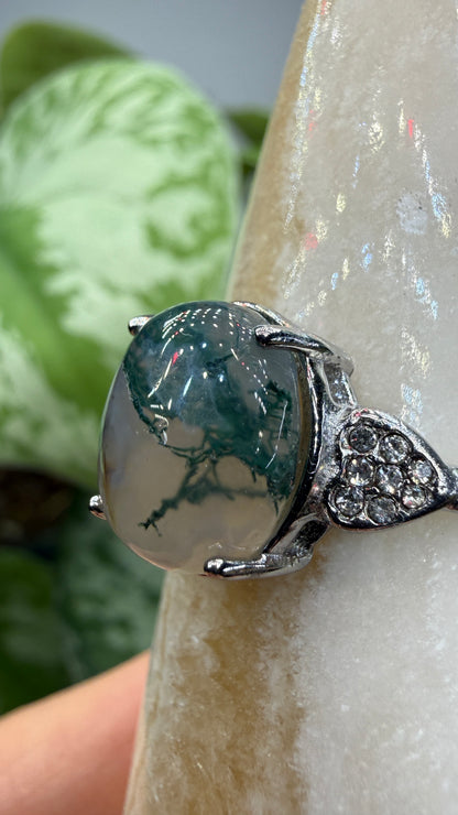 Natural Moss Agate Cabochon Ring Size 10 in 316L Stainless Steel- 10x12mm Oval Gemstone
