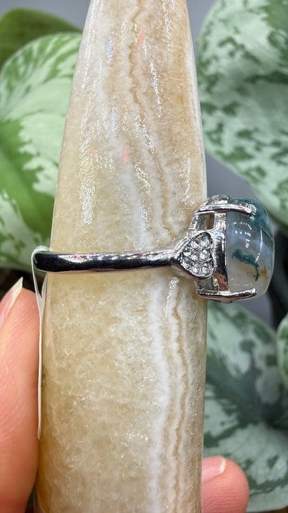 Natural Moss Agate Cabochon Ring Size 10 in 316L Stainless Steel- 10x12mm Oval Gemstone