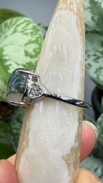 Natural Moss Agate Cabochon Ring Size 10 in 316L Stainless Steel- 10x12mm Oval Gemstone