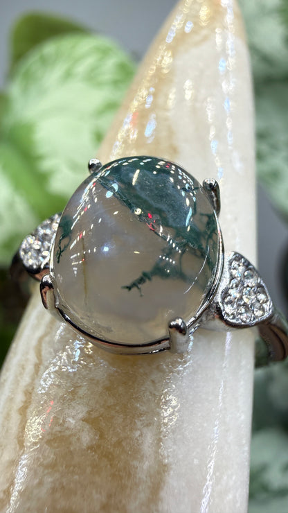 Natural Moss Agate Cabochon Ring Size 10 in 316L Stainless Steel- 10x12mm Oval Gemstone